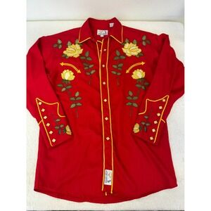 Panhandle Slim Womens Red Yellow Rose Embroidered Western Snap Shirt Vintage M